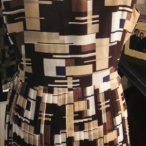 Geometric brown navy tan beige print dress